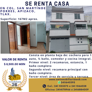 Se renta casa en Apizaco, Tlaxcala.