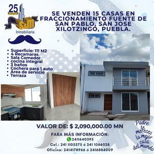 Se venden 15 casas en Fraccionamiento cerrado en Puebla.