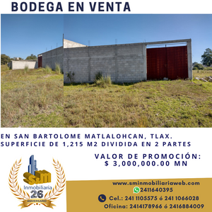 Se vende BODEGA dividida en 2 ubicada en Sn Bartolomé Matlalohcan, Tetla.