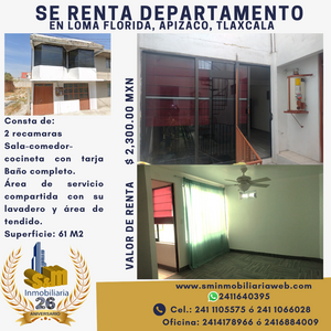 Se renta departamento en Loma Florida, Apizaco, Tlax.