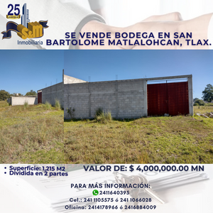Se vende BODEGA dividida en 2 ubicada en Sn Bartolomé Matlalohcan, Tetla.