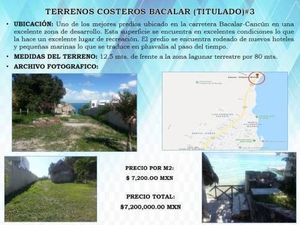 TERRENO EN VENTA EN BACALAR F-2841 A LA ORILLA DE LA LAGUNA 1,000 M2=$7,200,000