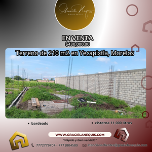 Terreno bardeado de 210 m2, Ubicado en Yecapixtla, Morelos. Cod. 239