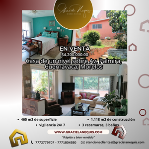 Casa de un nivel en Av. Palmira, Cuernavaca; Morelos