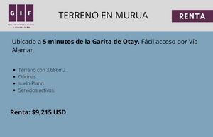 TERRENO EN RENTA EN EL MURUA| 3,686M2 | $9,215 DOLARES