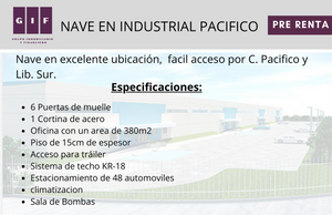 NAVE EN RENTA EN INDUSTRIAL PACIFICO | 7,870 M2 | DISPONIBLES DIFERENTES MEDIDAS