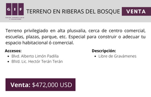 ATENCIÓN INVERSIONISTAS | TERRENO EN RIBERAS DEL BOSQUE| 2,360 M2 | $472,000 DOL