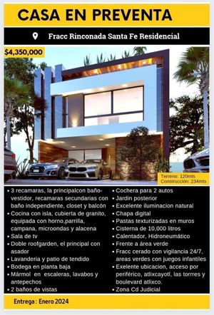 PRE VENTA CASA EN RESIDENCIAL SANTA FE, TLAXCALANCINGO, PUEBLA